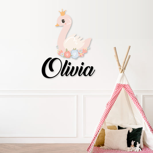 Custom Wall Decals - Custom Name Princess Goose Wall Decal: Goose with Princess Crown and Flowers