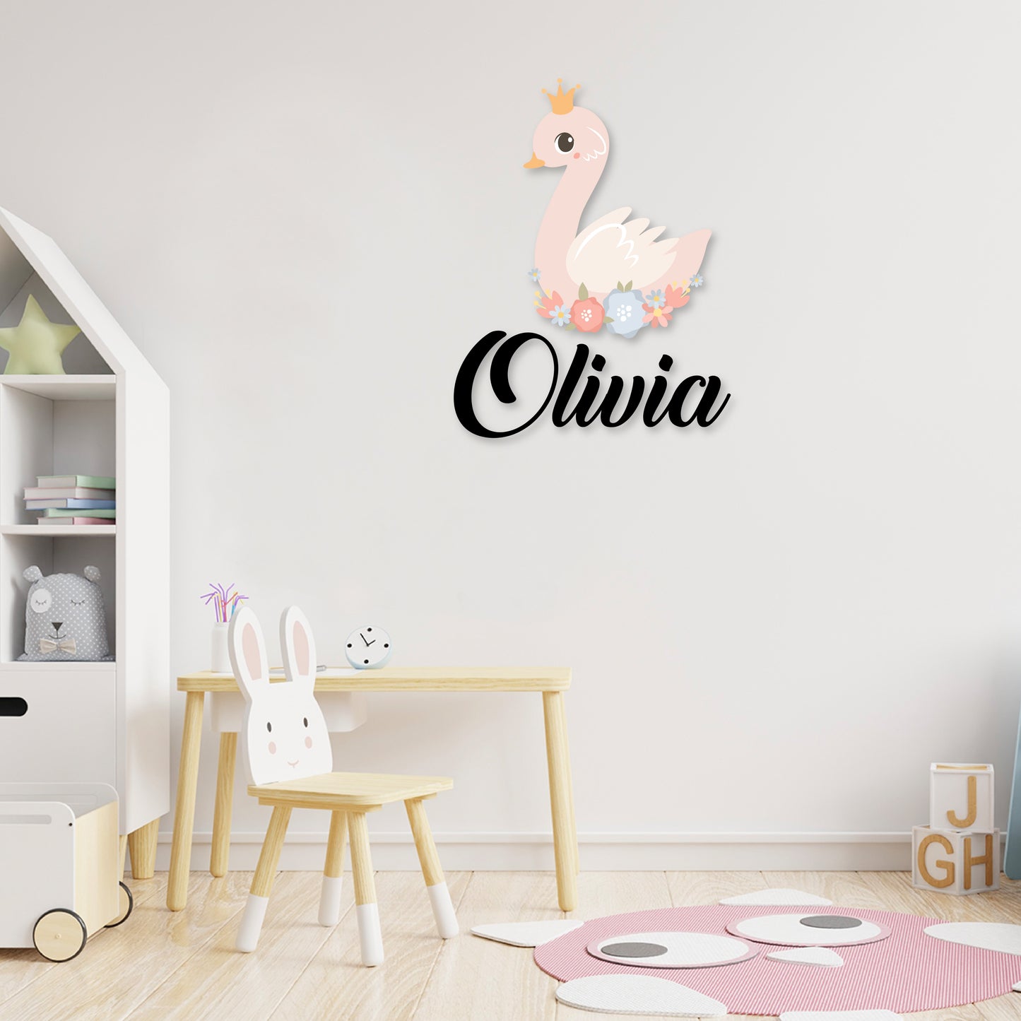 Custom Wall Decals - Custom Name Princess Goose Wall Decal: Goose with Princess Crown and Flowers