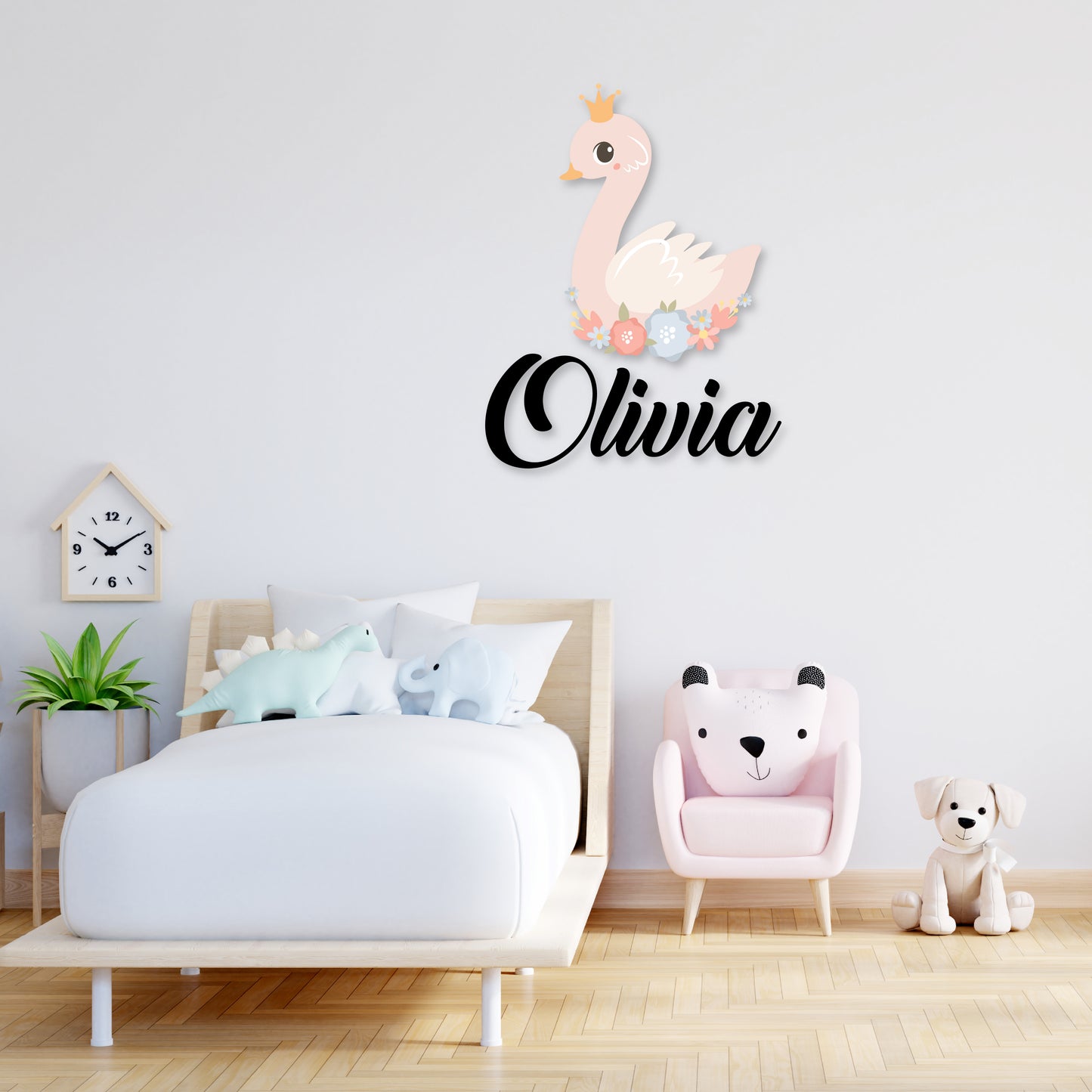 Custom Wall Decals - Custom Name Princess Goose Wall Decal: Goose with Princess Crown and Flowers