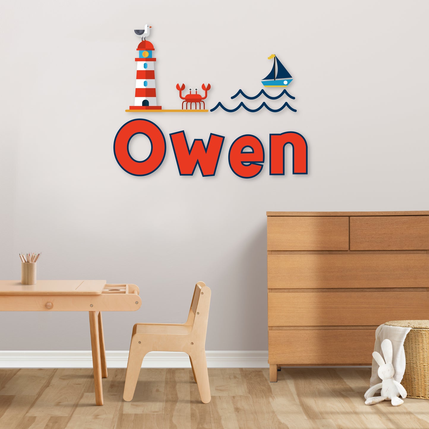 Custom Wall Decals - Custom Name Maritime Beacon Wall Decal: Lighthouse, Crab, Sea, Ship, Seagull