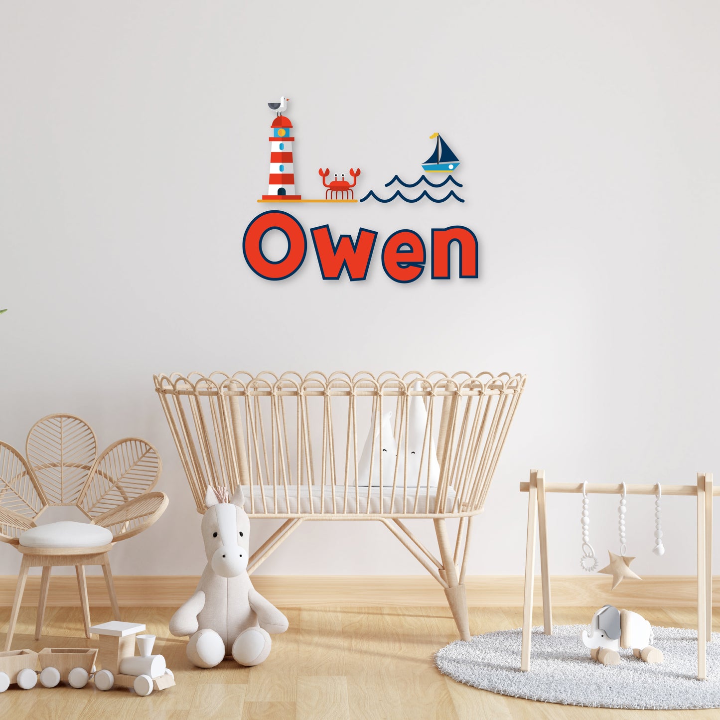 Custom Wall Decals - Custom Name Maritime Beacon Wall Decal: Lighthouse, Crab, Sea, Ship, Seagull