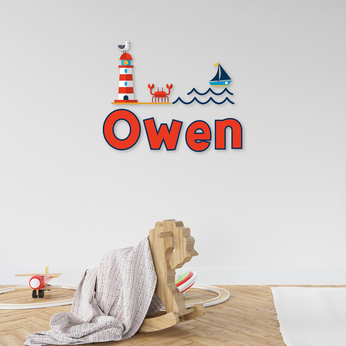 Custom Wall Decals - Custom Name Maritime Beacon Wall Decal: Lighthouse, Crab, Sea, Ship, Seagull