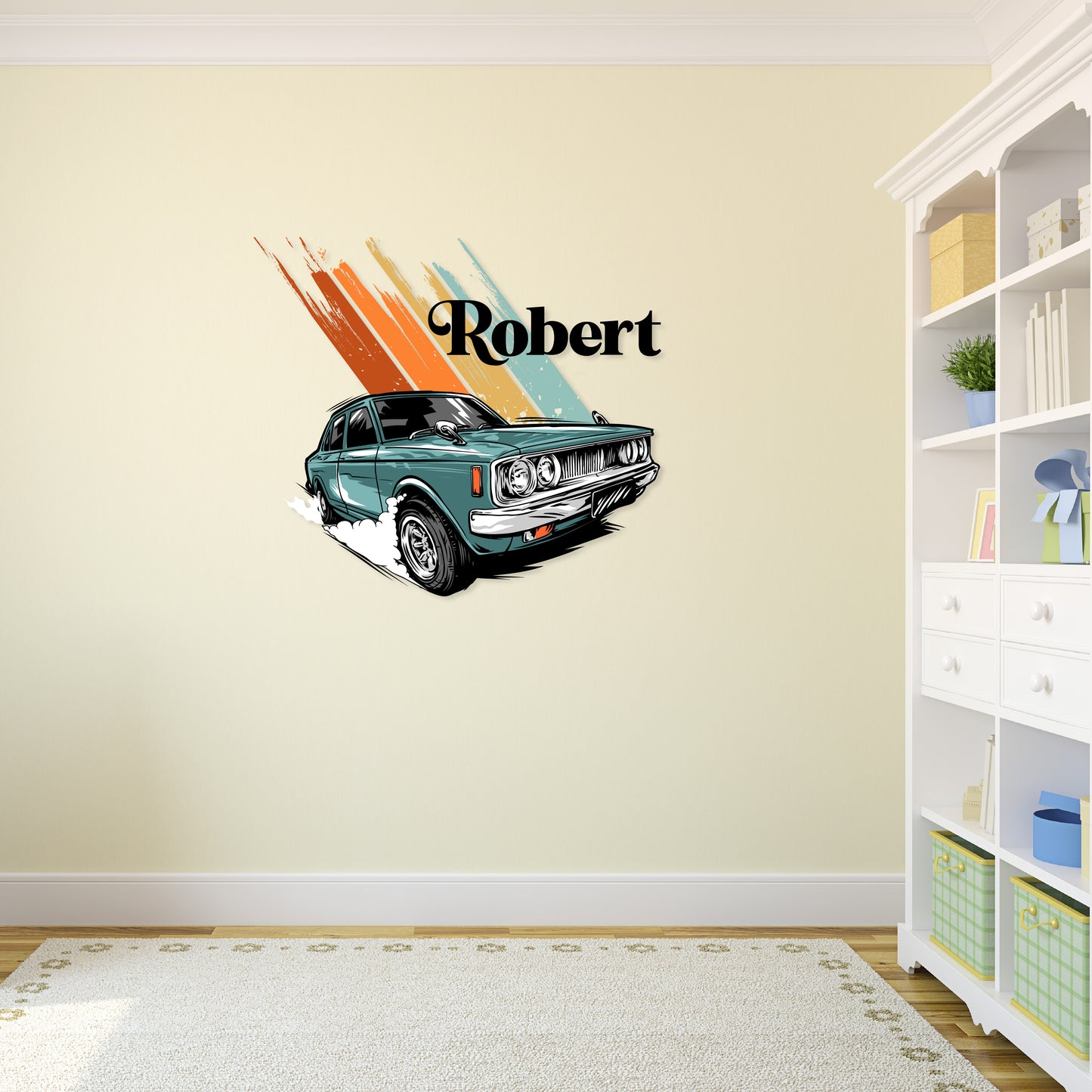 Custom Wall Decals - Custom Name Dark Cyan Car Wall Decal: Warm Colors with a Cyan Background