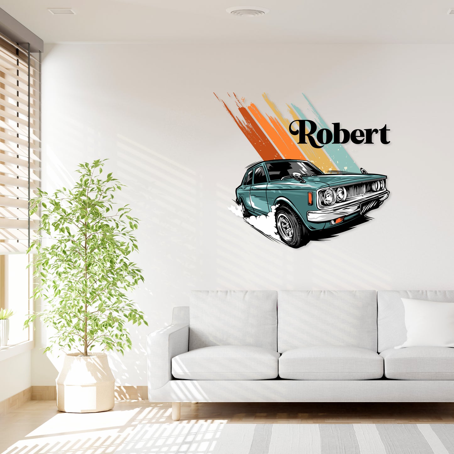 Custom Wall Decals - Custom Name Dark Cyan Car Wall Decal: Warm Colors with a Cyan Background