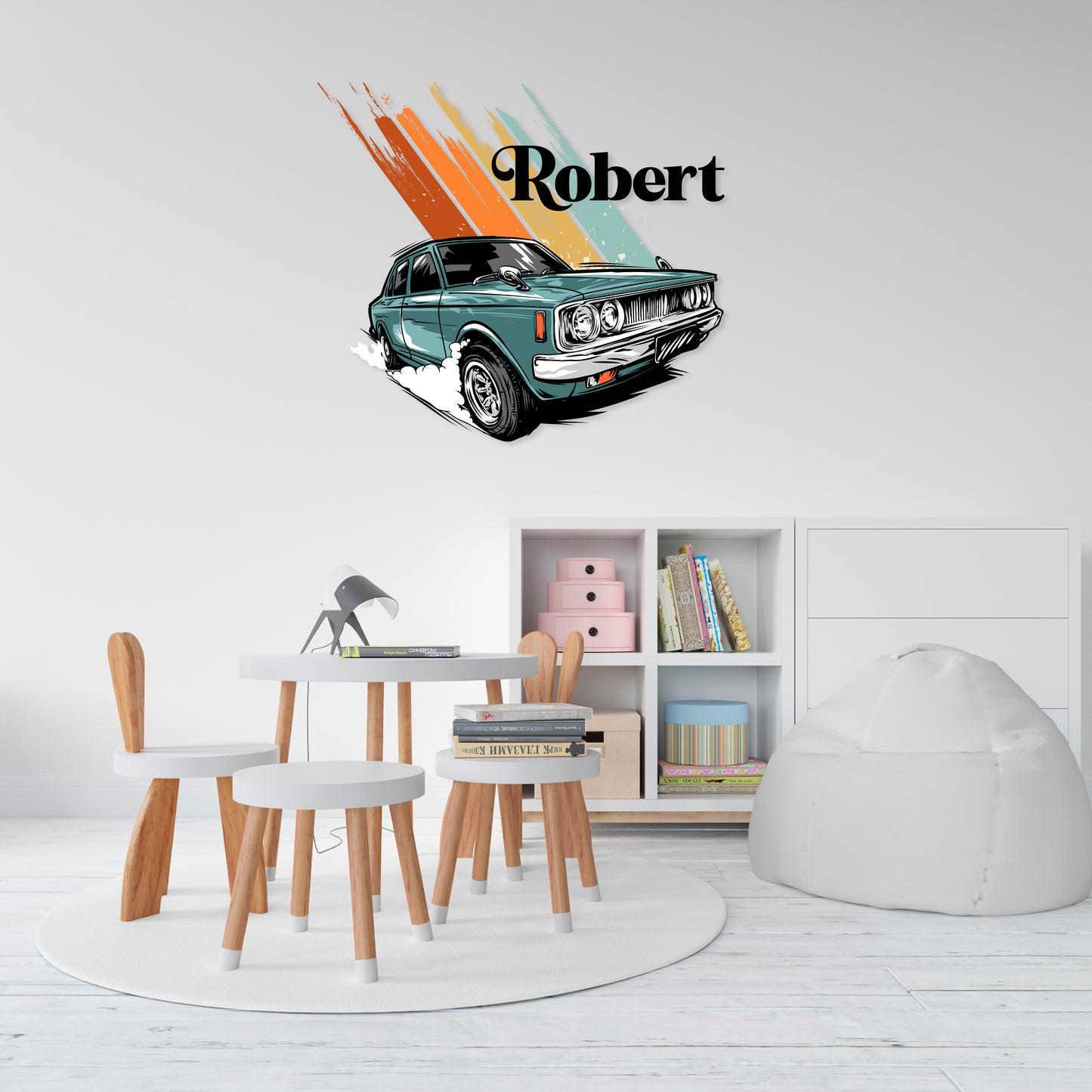 Custom Wall Decals - Custom Name Dark Cyan Car Wall Decal: Warm Colors with a Cyan Background