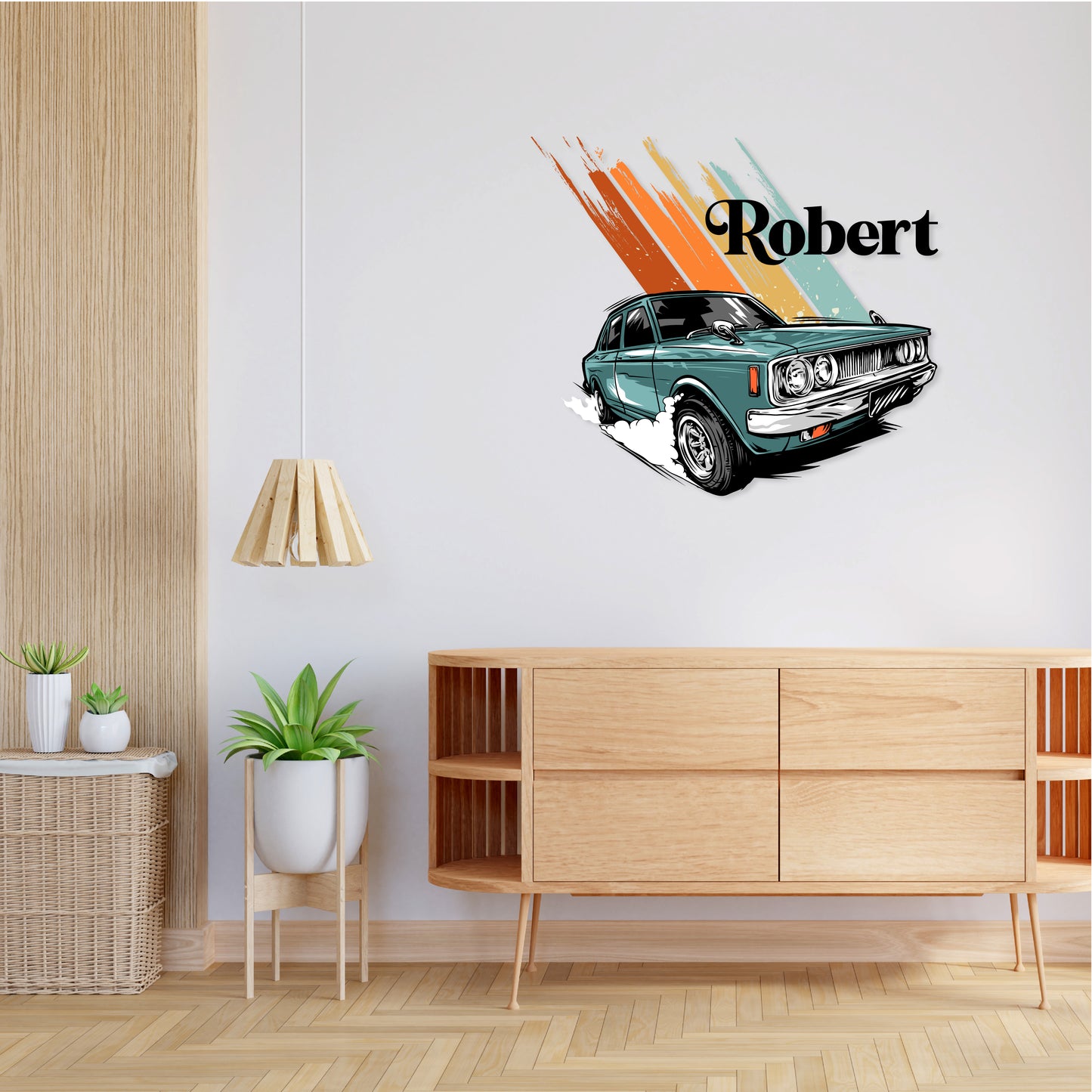 Custom Wall Decals - Custom Name Dark Cyan Car Wall Decal: Warm Colors with a Cyan Background