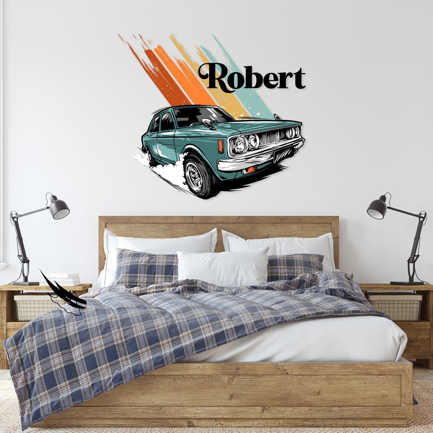 Custom Wall Decals - Custom Name Dark Cyan Car Wall Decal: Warm Colors with a Cyan Background