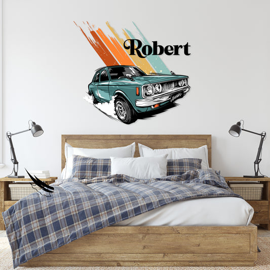 Custom Wall Decals - Custom Name Dark Cyan Car Wall Decal: Warm Colors with a Cyan Background