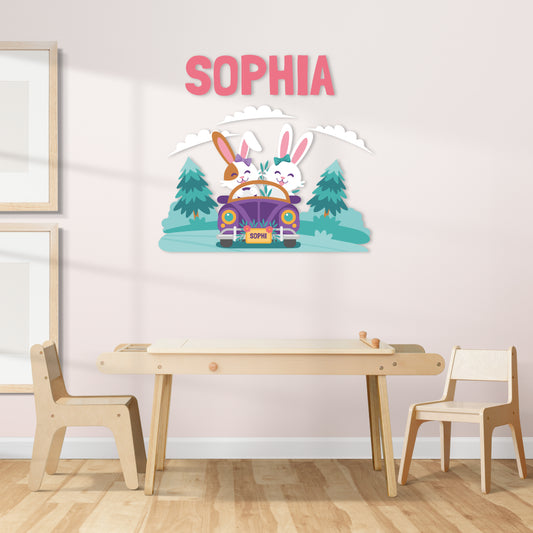 Custom Wall Decals - Custom Name Bunny Travelers Wall Decal: Rabbit Couple Traveling in a Car