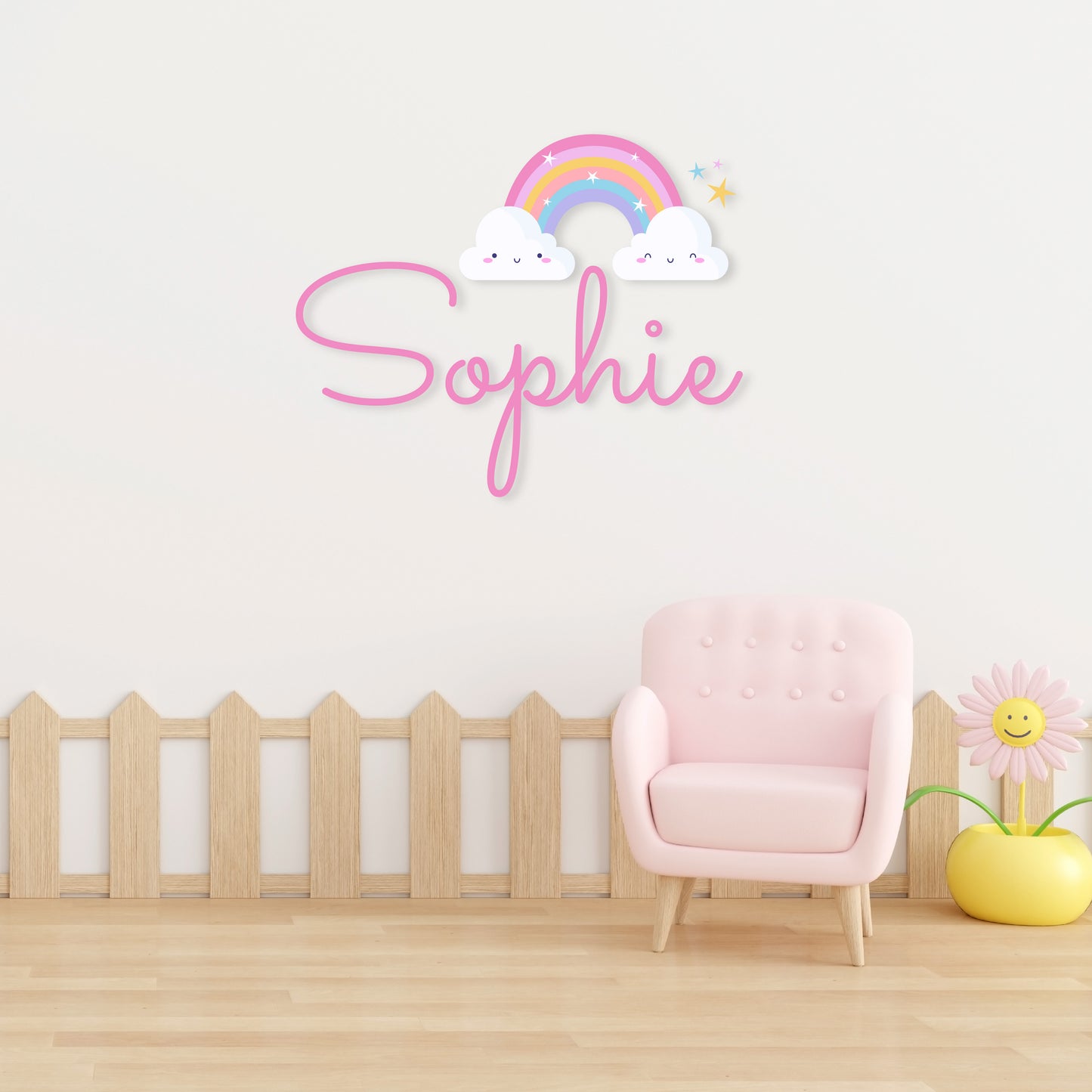 Custom Wall Decals - Custom Name Smiling Skies Wall Decal: Rainbow, Stars, and Smiling Clouds