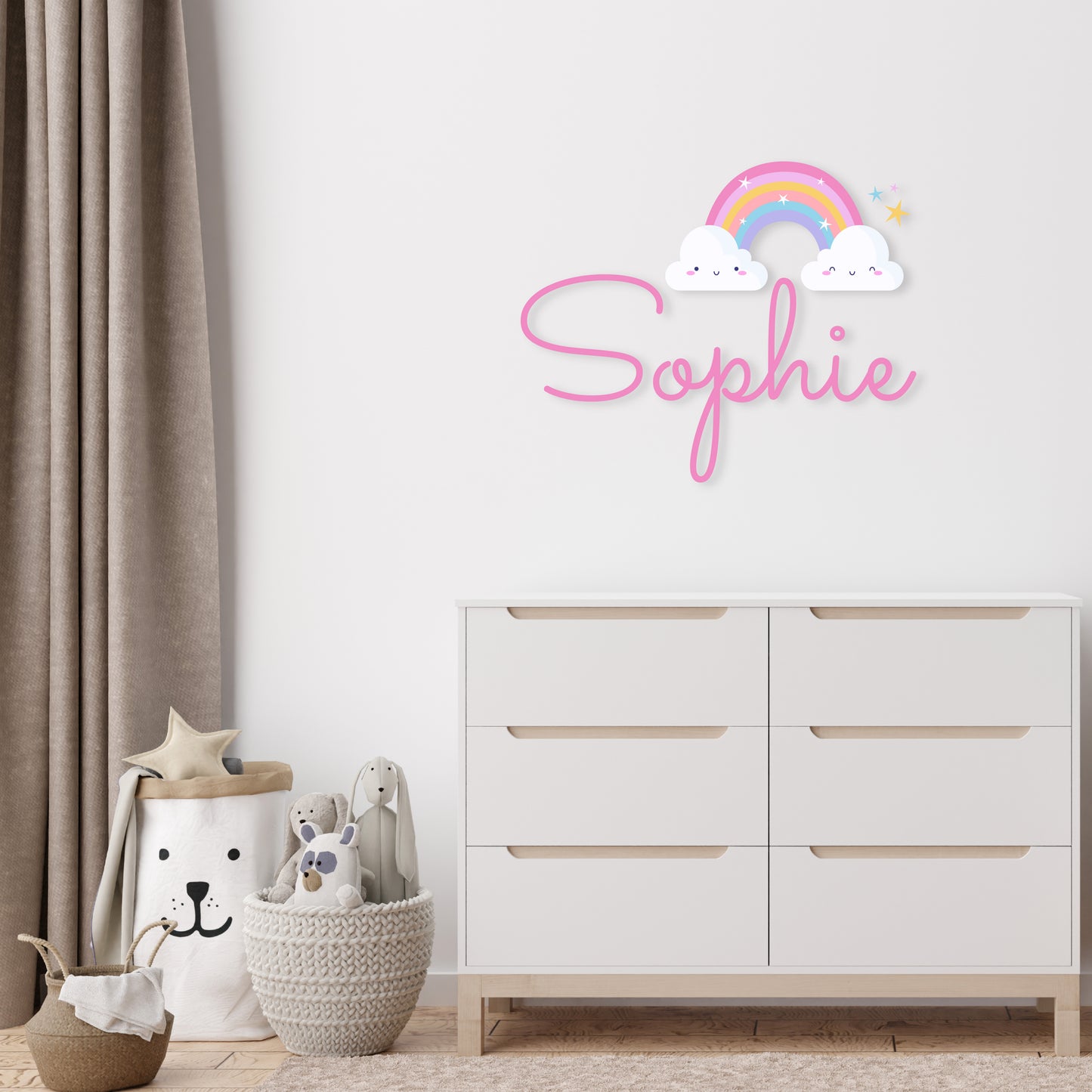 Custom Wall Decals - Custom Name Smiling Skies Wall Decal: Rainbow, Stars, and Smiling Clouds