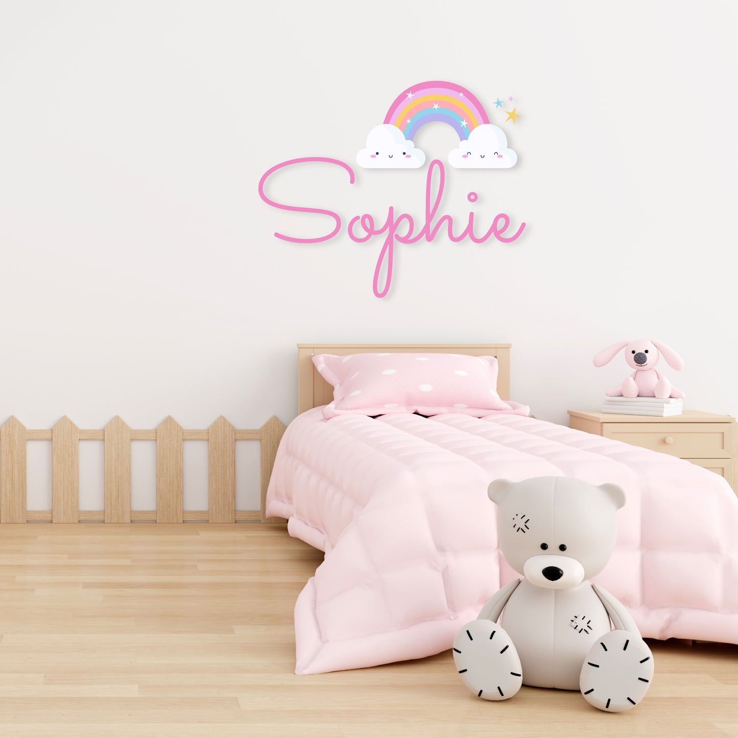 Custom Wall Decals - Custom Name Smiling Skies Wall Decal: Rainbow, Stars, and Smiling Clouds