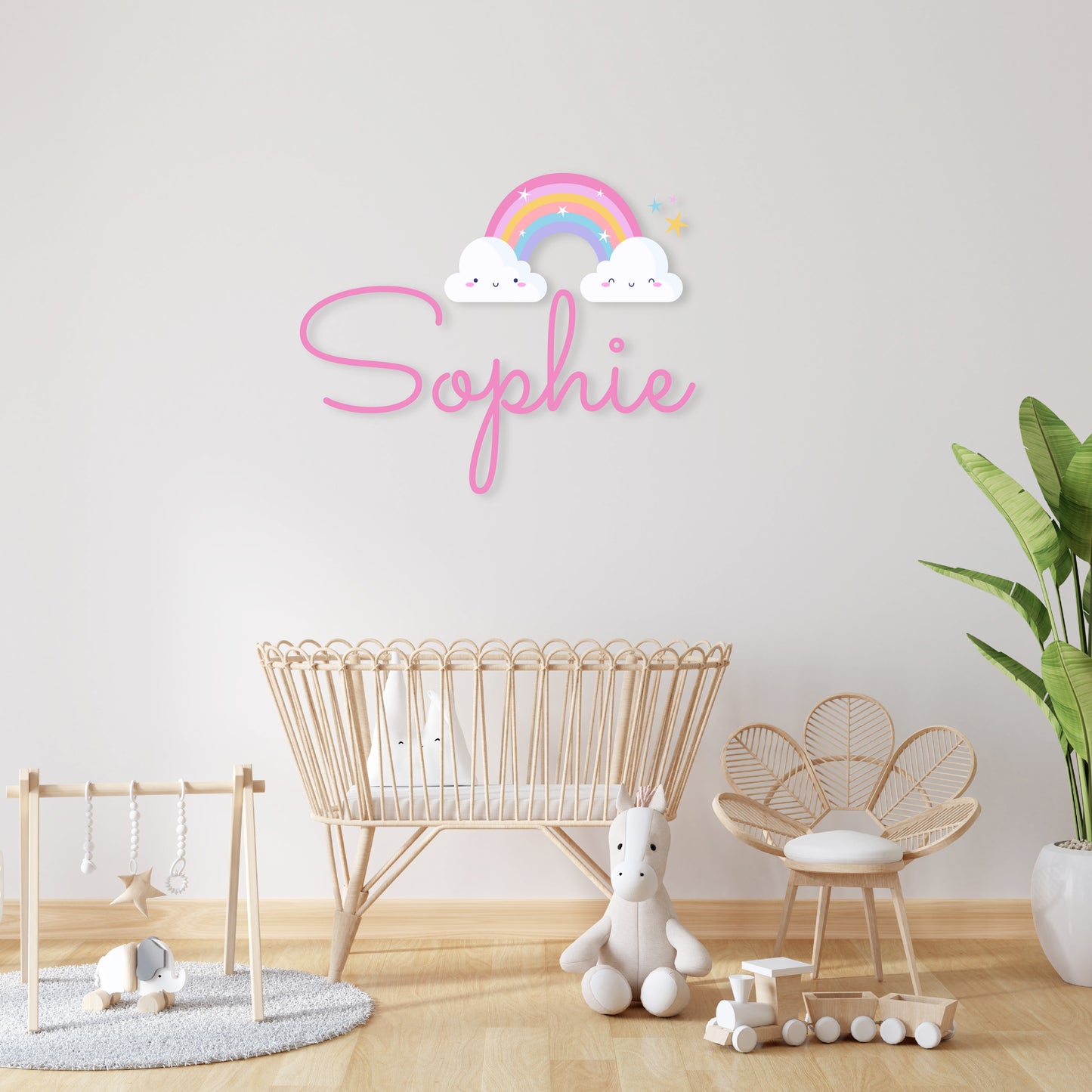 Custom Wall Decals - Custom Name Smiling Skies Wall Decal: Rainbow, Stars, and Smiling Clouds