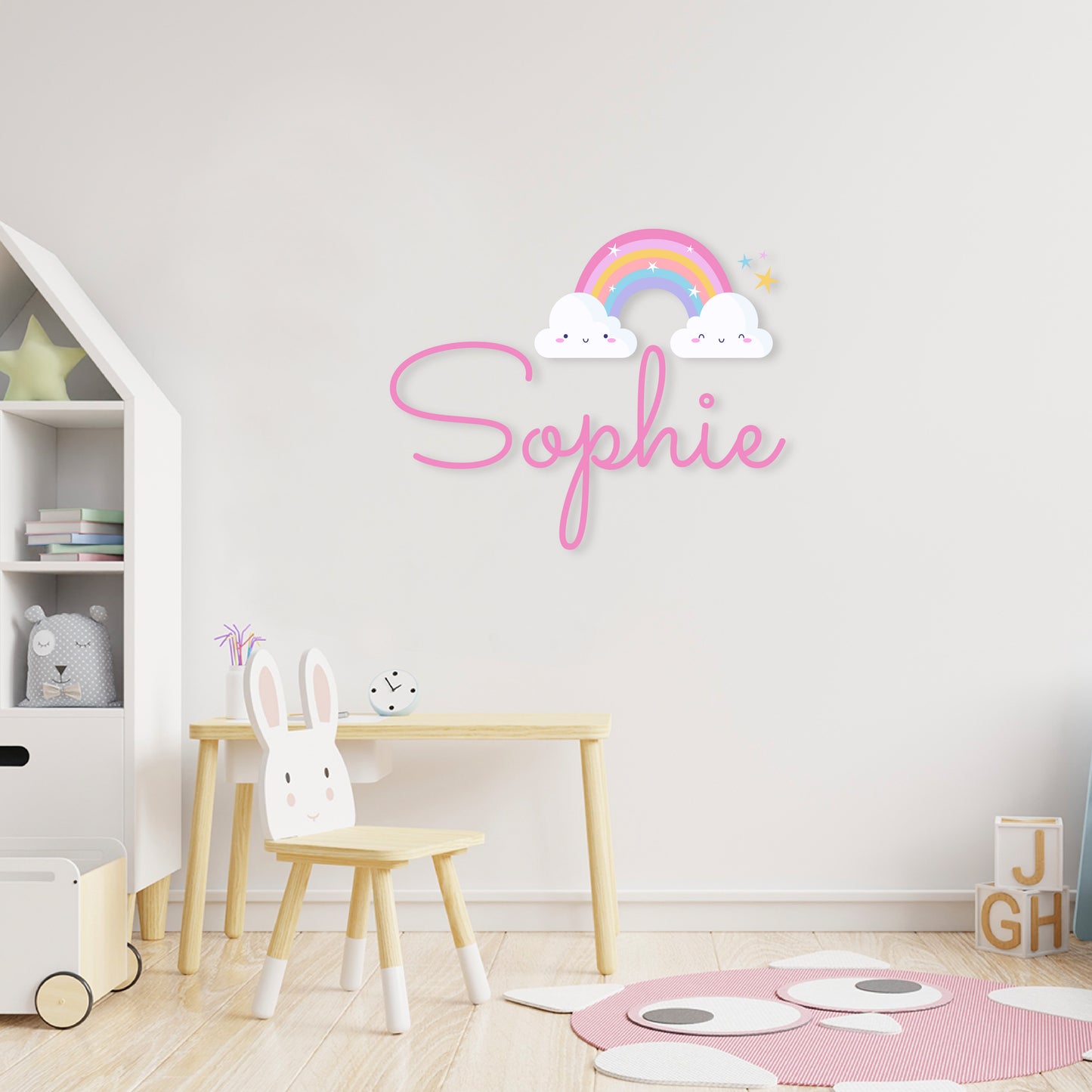 Custom Wall Decals - Custom Name Smiling Skies Wall Decal: Rainbow, Stars, and Smiling Clouds