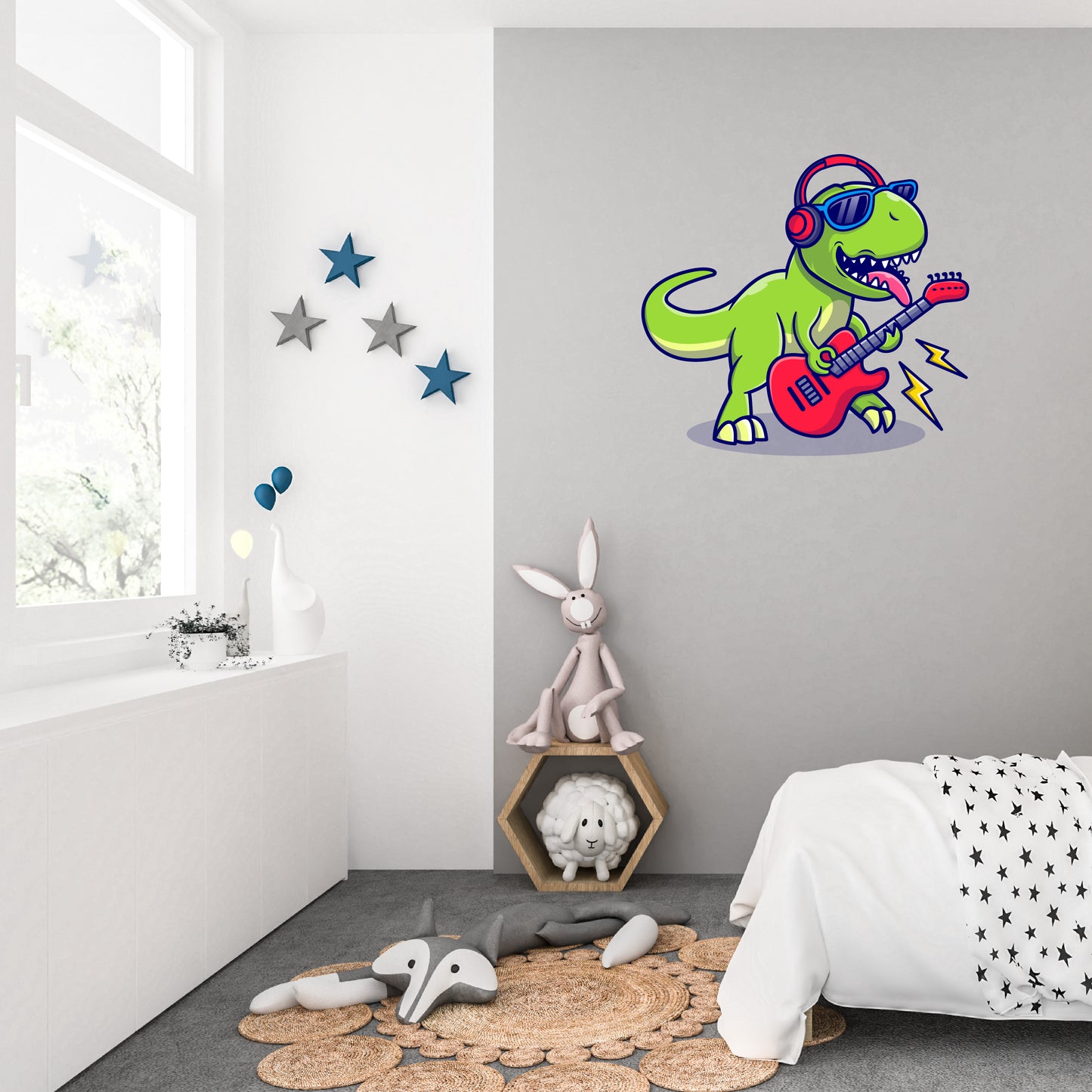 Custom Wall Decals - Rockin' Rex: Rockstar Dinosaur Wall Decal Groove!