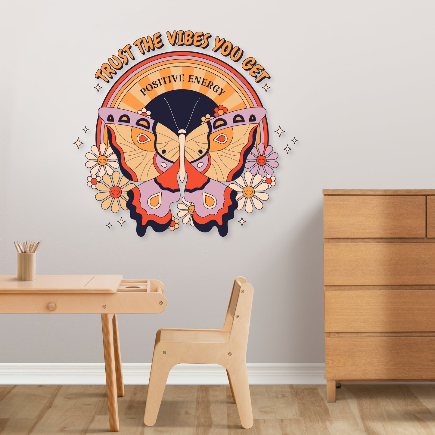 Custom Wall Decals - Butterfly Vibes: Inspirational Circle Background with Positive Energy Text Wall Decal