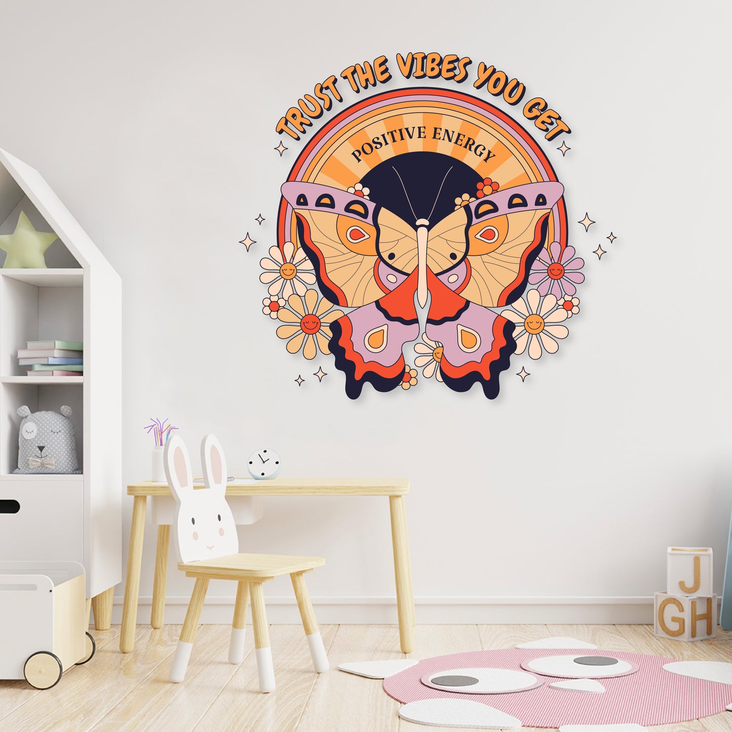 Custom Wall Decals - Butterfly Vibes: Inspirational Circle Background with Positive Energy Text Wall Decal