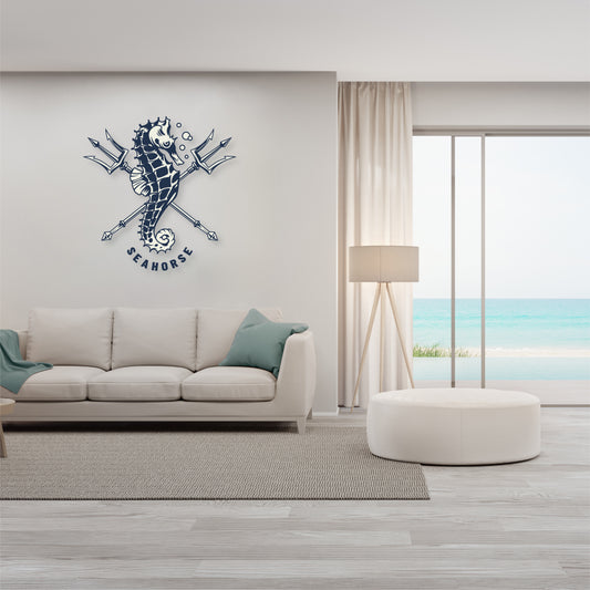 Custom Wall Decals - Seahorse Serenade: Seahorse with Trident and Text Wall Decal Elegance