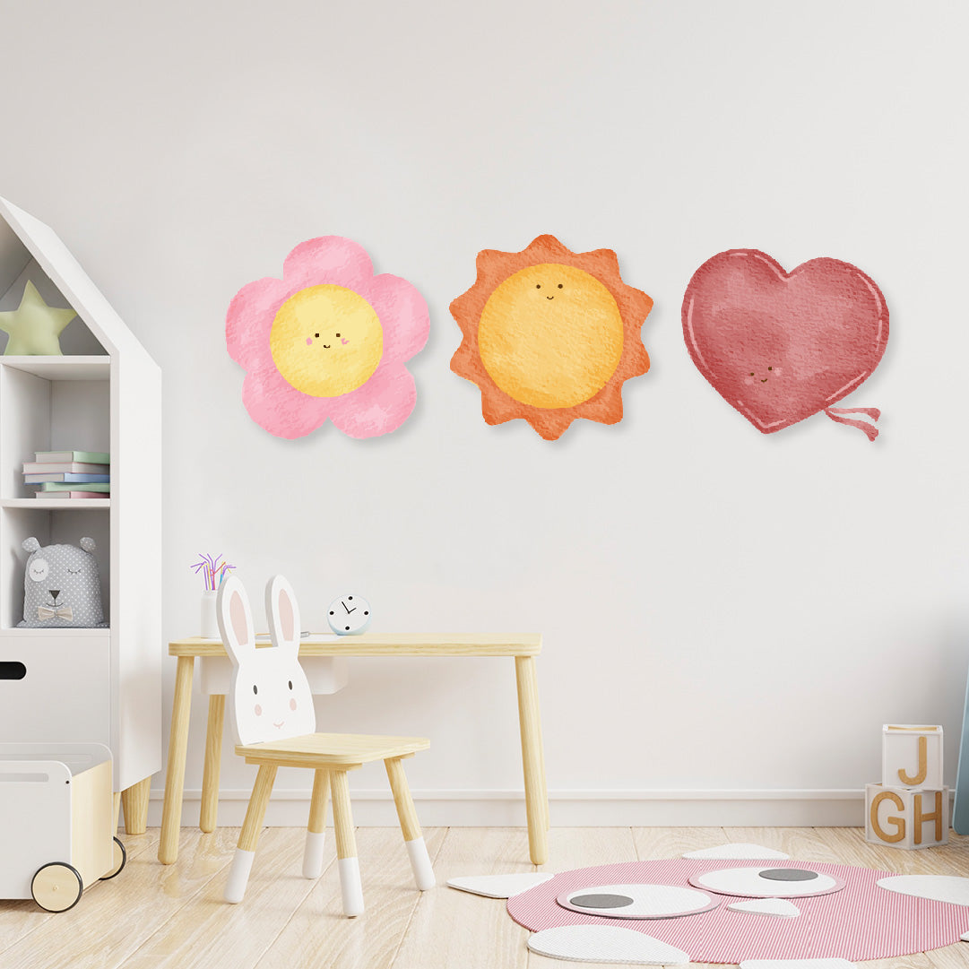 Custom Wall Decals - Sunny Blooms: Watercolor Flower, Sun, and Heart Wall Decal Harmony