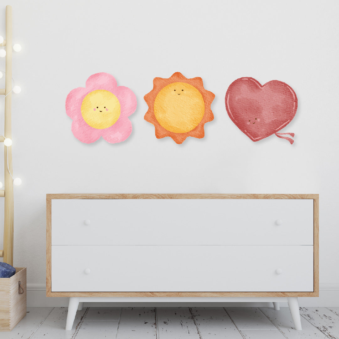 Custom Wall Decals - Sunny Blooms: Watercolor Flower, Sun, and Heart Wall Decal Harmony