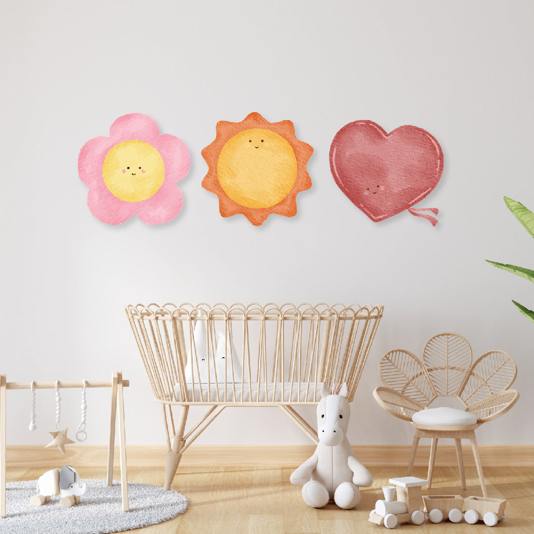 Custom Wall Decals - Sunny Blooms: Watercolor Flower, Sun, and Heart Wall Decal Harmony