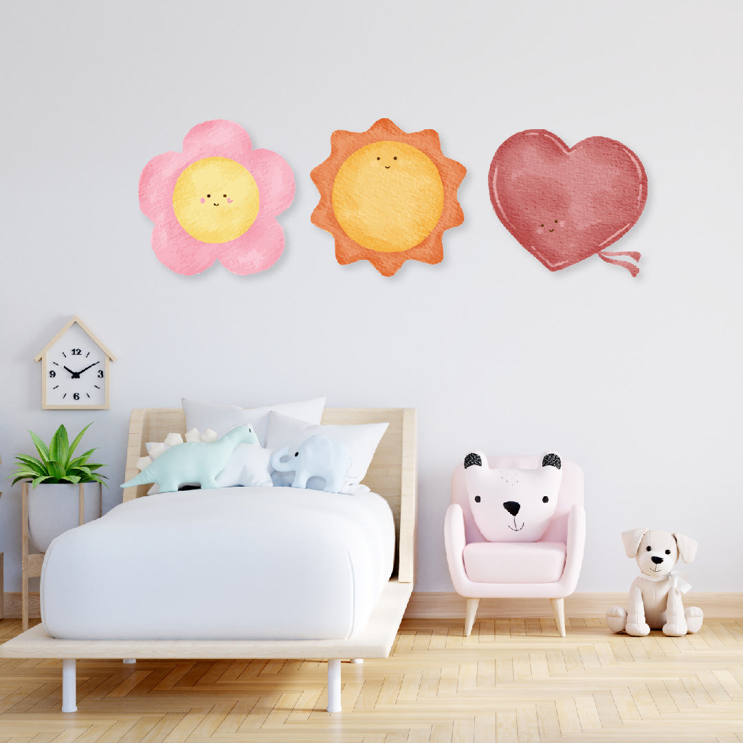 Custom Wall Decals - Sunny Blooms: Watercolor Flower, Sun, and Heart Wall Decal Harmony