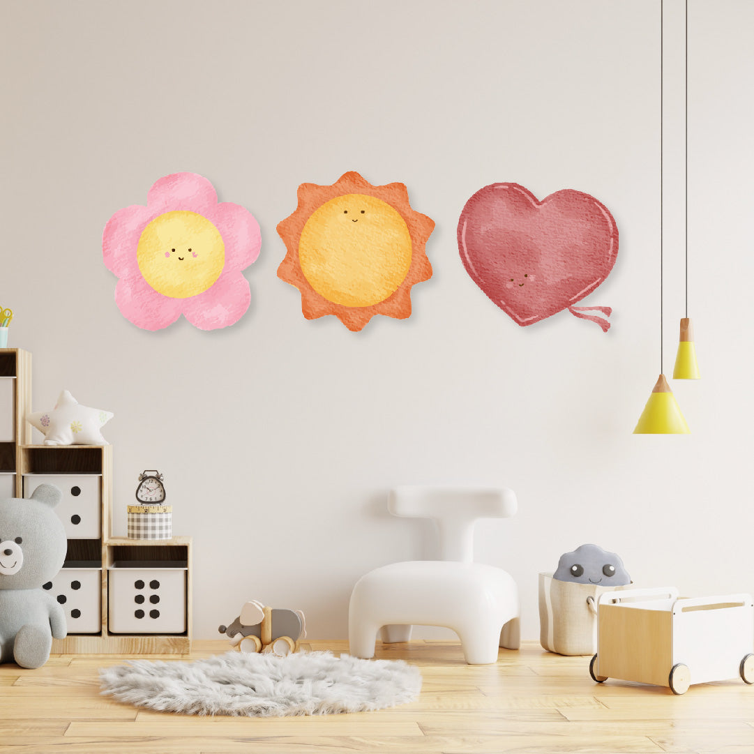 Custom Wall Decals - Sunny Blooms: Watercolor Flower, Sun, and Heart Wall Decal Harmony