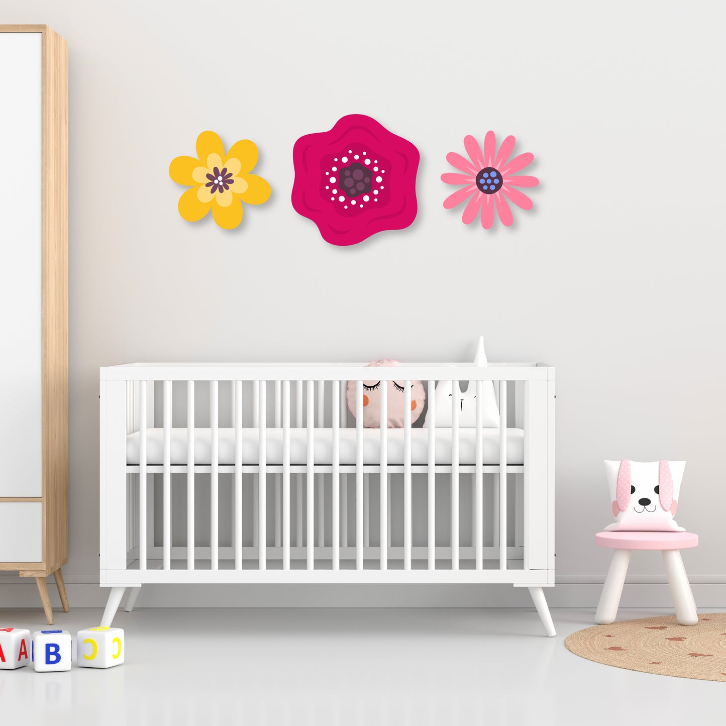 Custom Wall Decals - Tricolor Blooms: Yellow, Red, and Pink Flower Wall Decal Ensemble