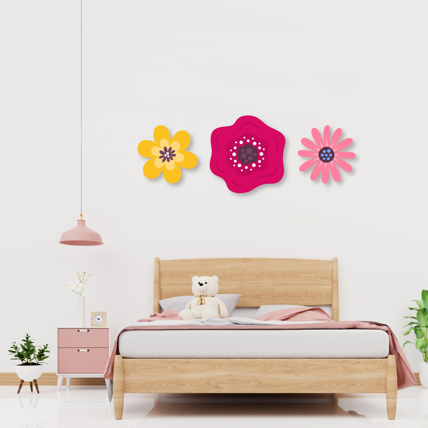 Custom Wall Decals - Tricolor Blooms: Yellow, Red, and Pink Flower Wall Decal Ensemble