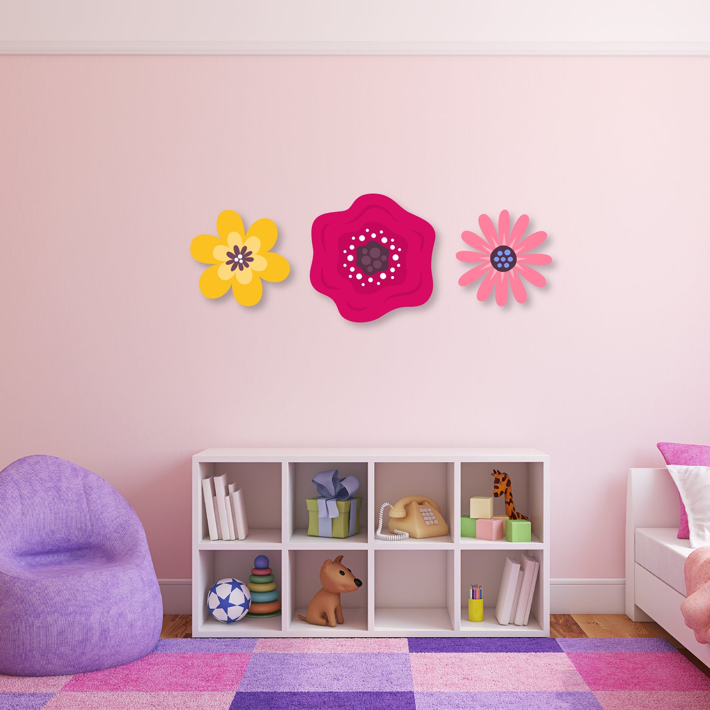 Custom Wall Decals - Tricolor Blooms: Yellow, Red, and Pink Flower Wall Decal Ensemble