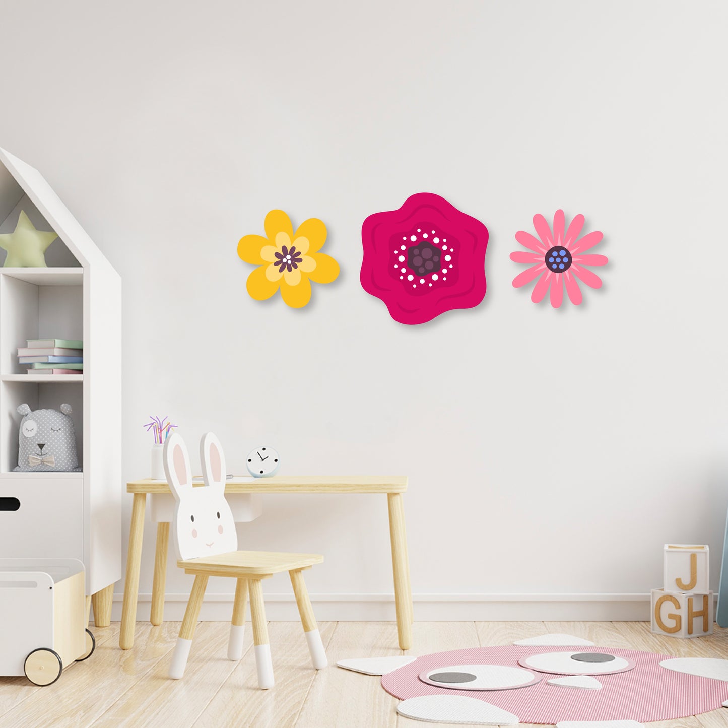 Custom Wall Decals - Tricolor Blooms: Yellow, Red, and Pink Flower Wall Decal Ensemble