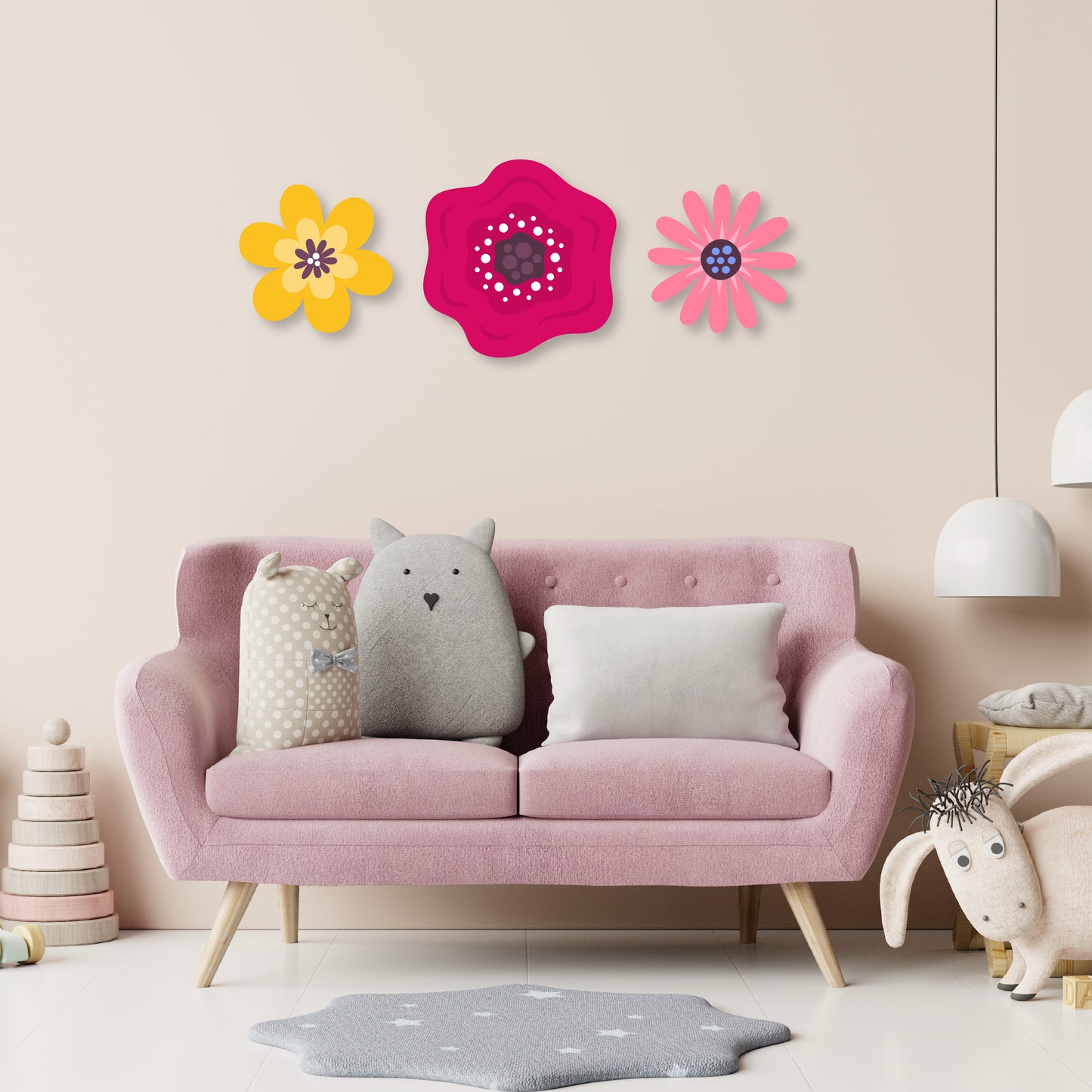 Custom Wall Decals - Tricolor Blooms: Yellow, Red, and Pink Flower Wall Decal Ensemble