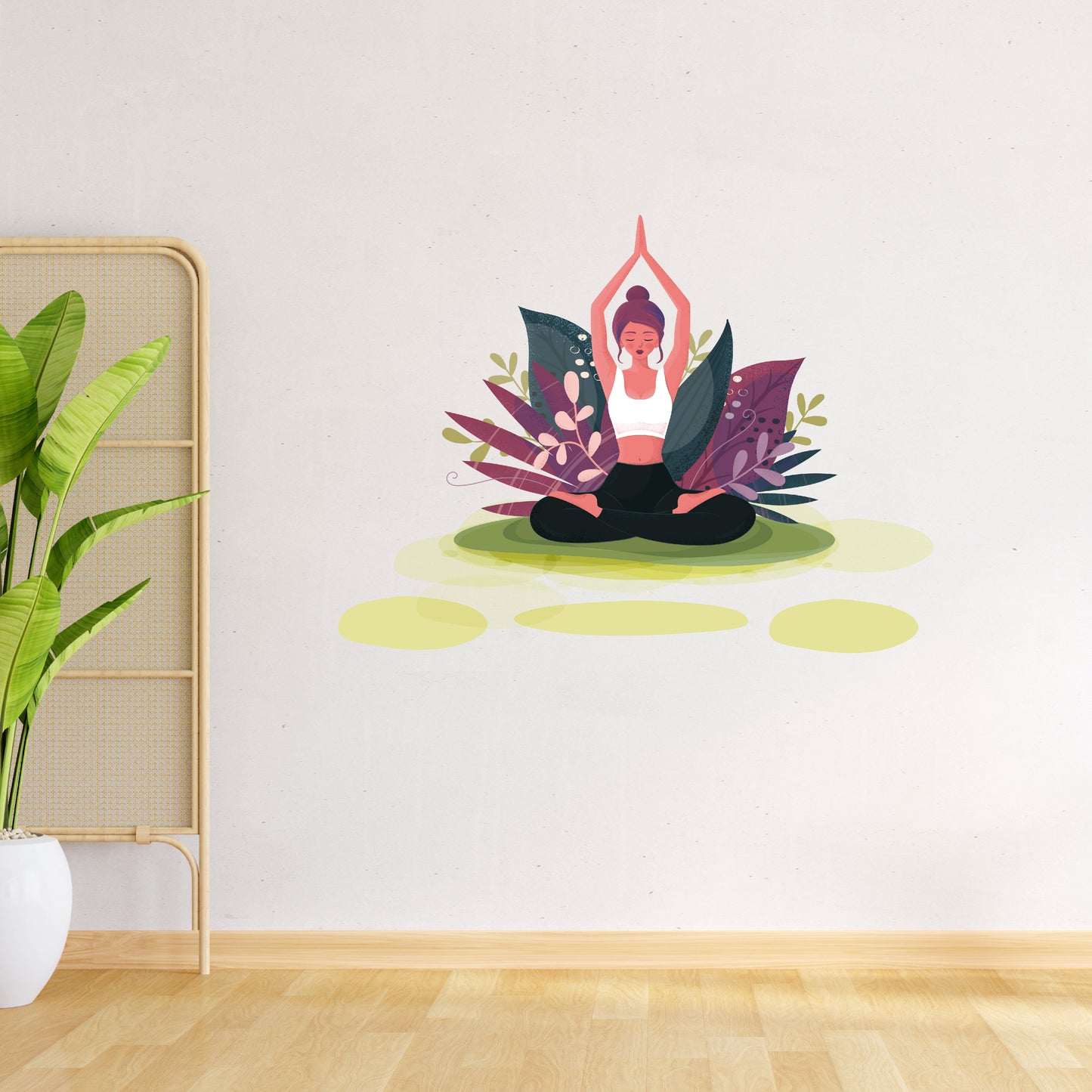 Custom Wall Decals - Yoga Oasis: Woman Doing Yoga with Plant Background Wall Decal Serenity