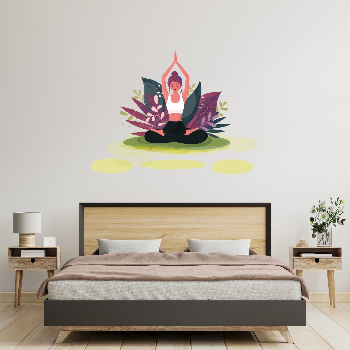 Custom Wall Decals - Yoga Oasis: Woman Doing Yoga with Plant Background Wall Decal Serenity