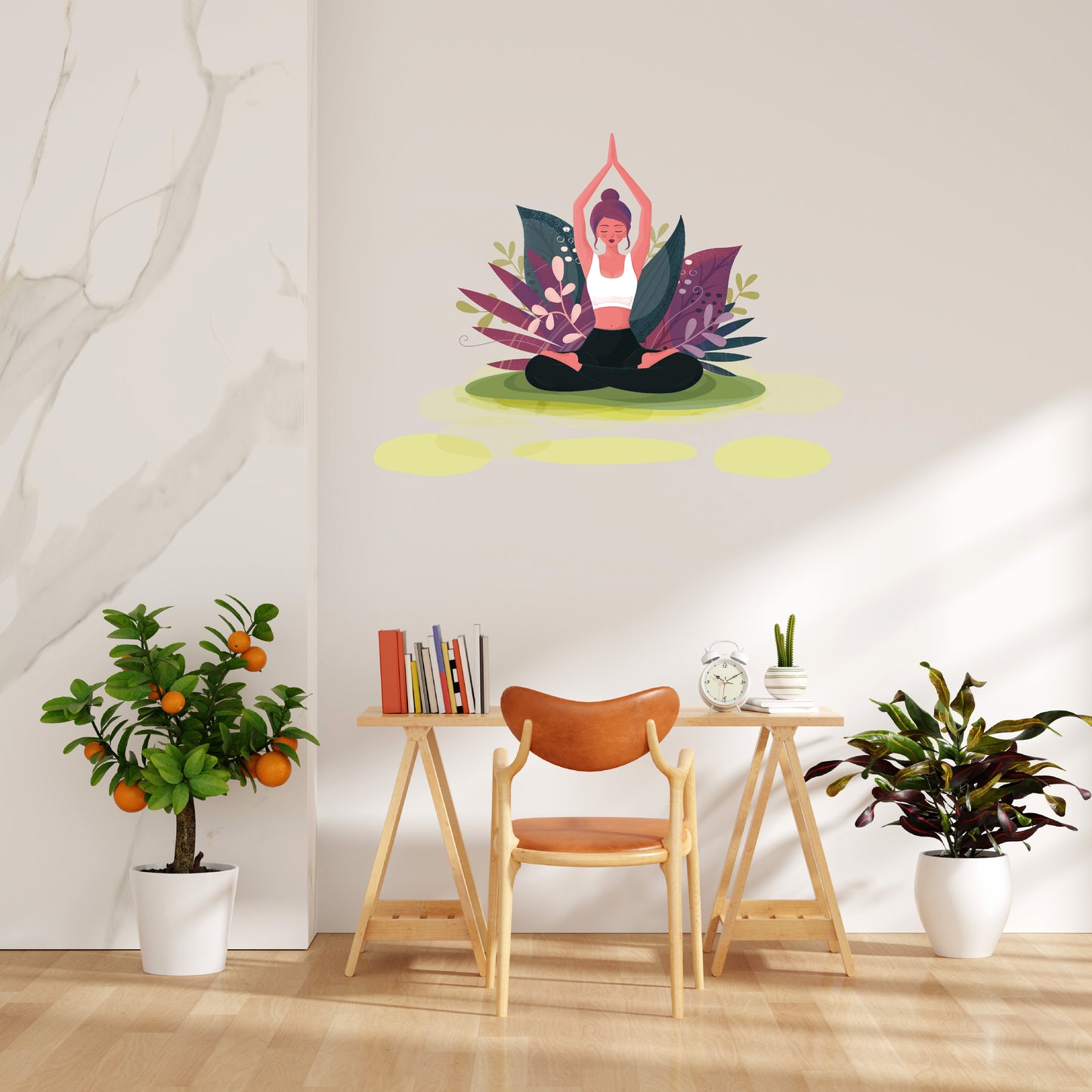 Custom Wall Decals - Yoga Oasis: Woman Doing Yoga with Plant Background Wall Decal Serenity