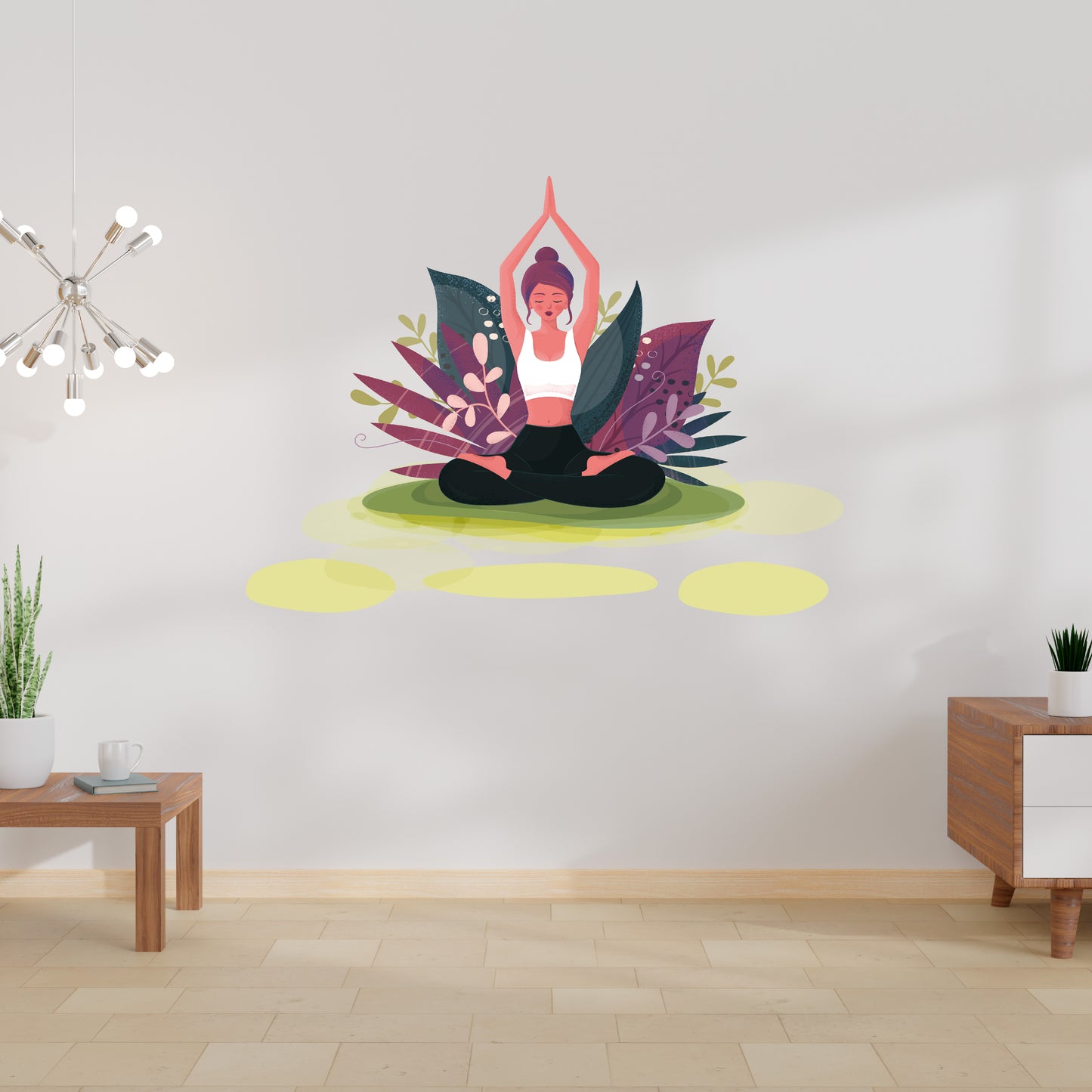 Custom Wall Decals - Yoga Oasis: Woman Doing Yoga with Plant Background Wall Decal Serenity